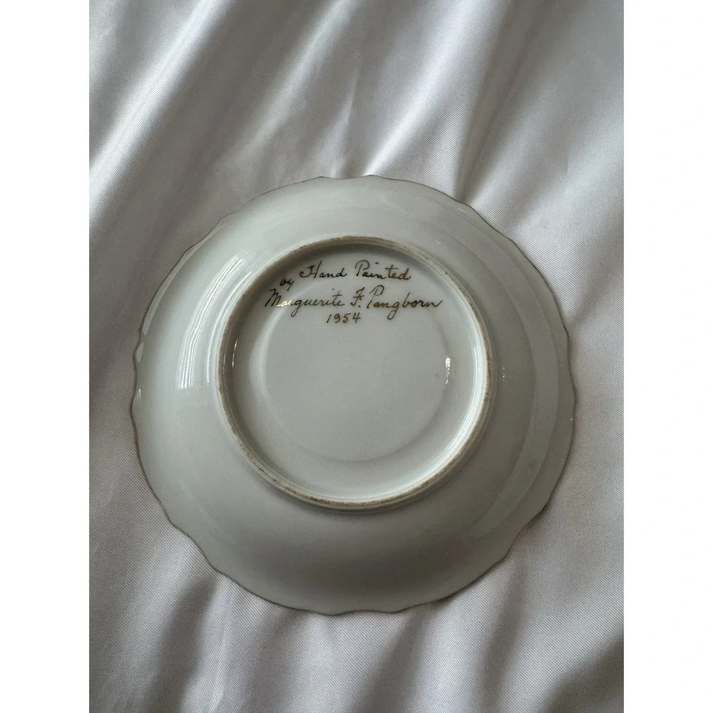 1954 Antique Signed Hand Painted Saucer Plate Floral Gold Tone‎ Rim